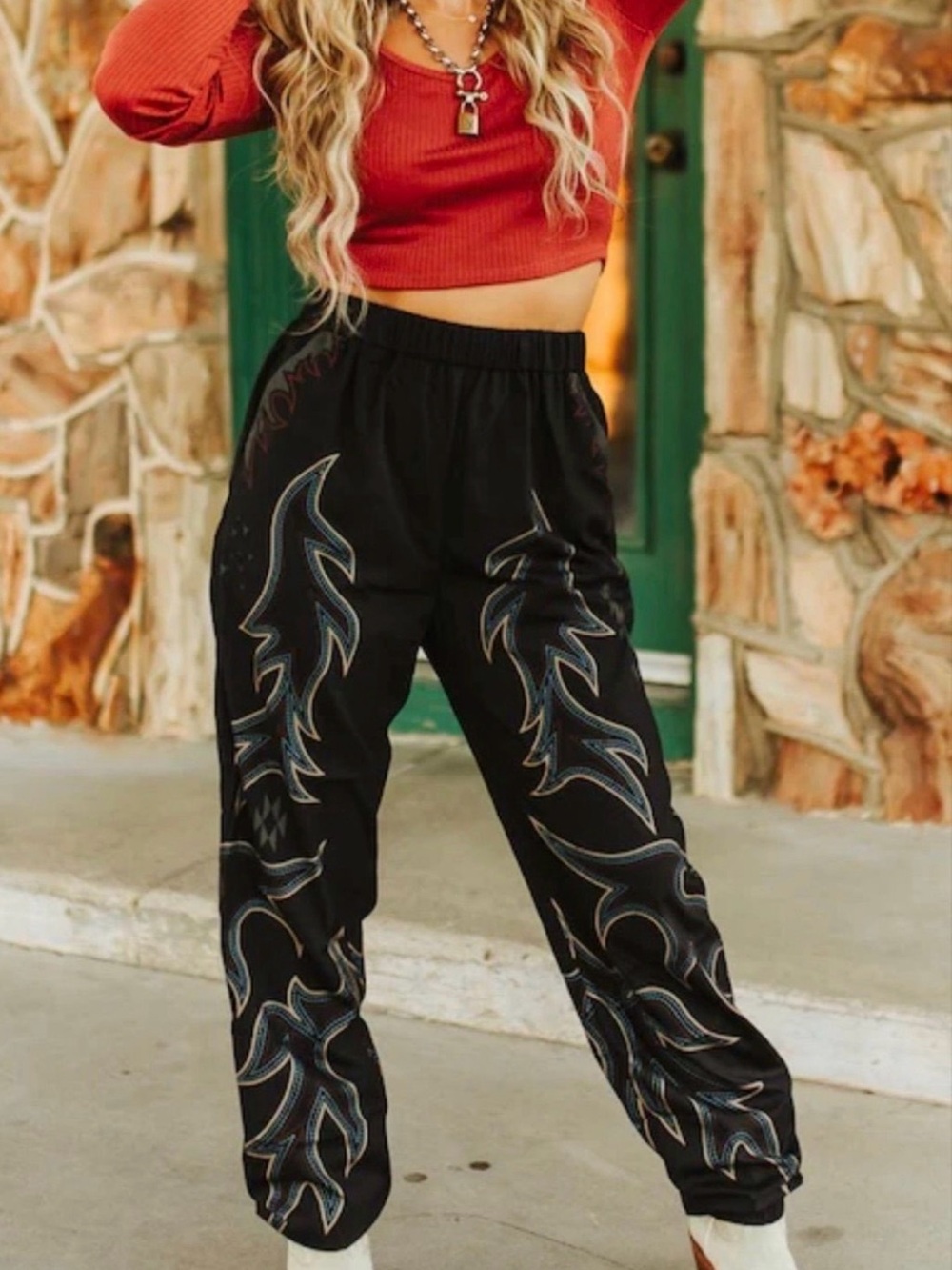 Lucky & Blessed Black Joggers with Western Stitch Patter